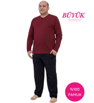 Guava Erkek Büyük Beden 3 Düğmeli %100 Pamuk Mevsimlik Uzun Kol Cepli Pijama Takımı (Bordo)