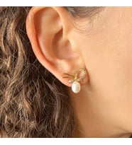 Taşlı Minimal Fiyonk İnci Küpe
