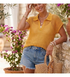 ChicLookDesign Hardal Sarısı Polo Yaka File El Örgüsü Bluz