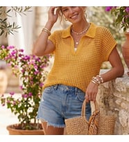 ChicLookDesign Hardal Sarısı Polo Yaka File El Örgüsü Bluz