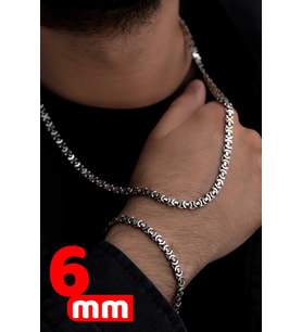 Erkek Gümüş Kolye Bileklik Set - 6mm Euro Kral Zincir Oksitli Model Erkek Set