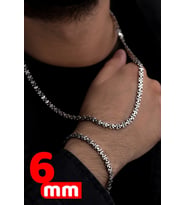 Erkek Gümüş Kolye Bileklik Set - 6mm Euro Kral Zincir Oksitli Model Erkek Set
