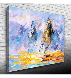 Dörtnala İki At Sarı ve Mavi Tonlarda Yağlıboya Kanvas Tablo 50 x 70