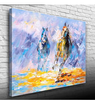 Dörtnala İki At Sarı ve Mavi Tonlarda Yağlıboya Kanvas Tablo 50 x 70