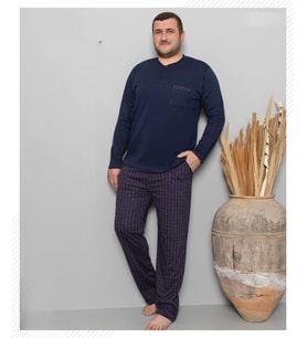 Pijamoni Erkek Battal Düğme Yaka Penye Uzun Kol  Pijama Takımı 6720/8 - 1 Adet (Lacivert)