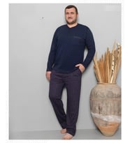 Pijamoni Erkek Battal Düğme Yaka Penye Uzun Kol  Pijama Takımı 6720/8 - 1 Adet (Lacivert)