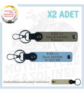 Motosiklet Aşıkları İçin, İsim Plaka ve B Rh (+) Kan Grubu Yazılı x2 Anahtarlık Set, Kül Gri-Mavi-SK