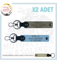 Motosiklet Aşıkları İçin, İsim Plaka ve B Rh (+) Kan Grubu Yazılı x2 Anahtarlık Set, Kül Gri-Mavi-SK