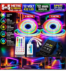 10M 12V 12mm 432 Ledli İç Mekan Pixel Cob Led 8A Laptop Adaptör SP611 Çift Çıkışlı Pixel Kumandalı S