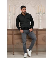 Woolen World Polo Yaka Cepli Armürlü Yünlü Erkek Triko Kazak (Siyah)