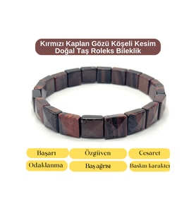SERTİFİKALI Kırmızı Kaplan Gözü Köşeli Kesim Doğal Taş Roleks Bileklik