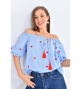Kadın Mavi Pötikare Yakası Fırfırlı Oversize Dokuma Bluz