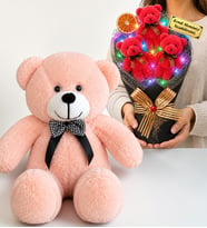 Kişiye Özel Yazılı Fuşya RENKLİ LED Işıklı Peluş Ayıcık Buketi ve 50 cm Pembe Peluş Ayıcık Hediye Seti
