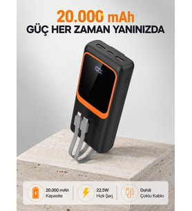 Powerbank 20000 mAh 22.5W Hızlı Şarjlı ve Kompakt Çoklu Kablo Çıkışlı