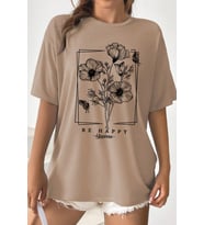 Unisex Be Happy Baskılı Oversize Tshirt (Bej)