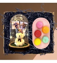 Kişiye Özel 3 Fotoğraflı Peluş Ayıcıklı Fanus (Işıklı) ve Makaron Mum Seti