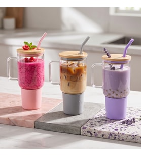 1000 ml Cam Matara Kupa Bardak - Bambu Kapaklı - Silikon Kılıflı - Çelik Pipetli