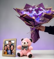 Kişiye Özel Tasarım Fotoğraflı Peluş Ayıcıklı Renkli Led Işıklı Kelebek Buketi (Model 4)