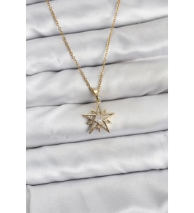 316L Çelik Zincir Gold Renk Yıldız Model Zirkon Taşlı Kadın Kolye - TJ-BKO10844