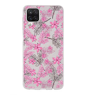 Samsung Galaxy A12 Uyumlu Kapak Floral Pembe Tasarımlı Şeffaf Silikon Kılıf