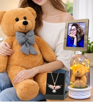 Size Özel Muhteşem Set Kahve Peluş Ayıcık, Renkli Anka Kuşu Kolye, Led Işıklı Fanus ve Fotoğraf (Model 6)