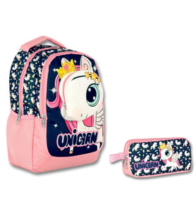 Cennec 3 Boyutlu Kız Çocuk Lacivert-Pembe Unicorn İlkokul Çantası ve Kalemlik Seti (Çok Renkli)