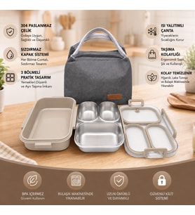 Valkyrie 304 Paslanmaz Çelik 3 Bölmeli Lunch Box Termal Çantalı – Sızdırmaz Kapaklı Beslenme Kabı