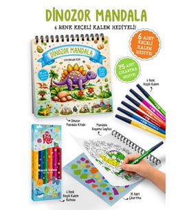 Dinozor Mandala - 6 Renk Keçeli Kalem ve 75 Adet Çıkartma Hediyeli 3+