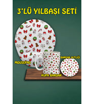Yılbaşı Temalı 3'lü Bilek Destekli Mousepad Kupa Ve Bardak Altlığı Seti