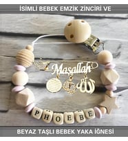 Sahi Aksesuar İsimli Bebek Emzik Zinciri ve Beyaz Taşlı Bebek Yaka İğnesi BEZYI058