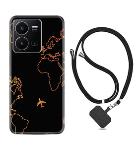 Vivo Y22 Kılıf Silikon Boyun Askılı İpli Desenli Silikon Harita ve Uçak 1777