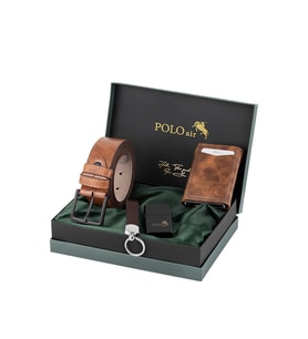 Polo Air Mıknatıslı Otomatik Mekanizmalı Cüzdan Kemer Çakmak Anahtarlık Erkek Kombin Seti Taba Renk CHM-06-T