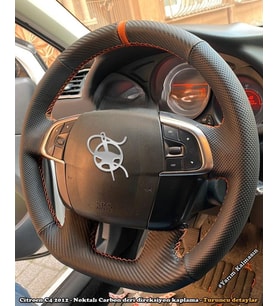 Citroen C4 2012 Araca Özel Direksiyon Kılıfı (NOKTA KARBON TURUNCU YÜZÜK) (Karışık)
