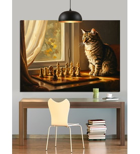 Kedi Satranç Oynuyor Dekoratif Kanvas - Mdf Ahşap Tablo