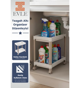2 Katlı Tekerlekli Tezgah Altı Raf Düzenleyici Organizer, Banyo Lavabo Altı Düzenleyici