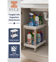2 Katlı Tekerlekli Tezgah Altı Raf Düzenleyici Organizer, Banyo Lavabo Altı Düzenleyici