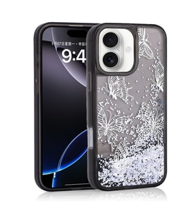 iPhone 16 Kılıf Sıvılı Simli Kelebek Baskılı Şeffaf Arka Yüzey Glis Silikon Kılıf (Siyah)