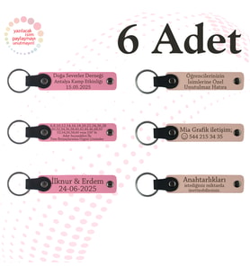 Pembe & Pudra, 6’lı Set, İsim Yazılabilen Deri Anahtarlık, Aile Gecelerine Anlamlı Sürpriz