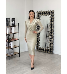 Simli Kalem Elbise - Gold