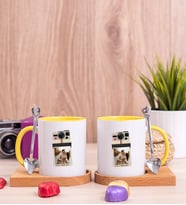 Kişye Özel Polaroid Tasarım Fotoğraflı İkili Ahşap Altlıklı Sarı Kupa
