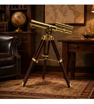 Tripod Ayaklı Dekoratif Teleskop – Pirinç Görünümlü Ahşap Standlı Nostaljik Dürbün