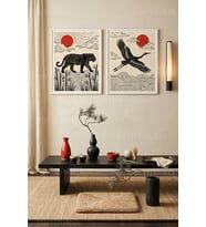 Doğa ve Hayvan Figürlü Zen Minimalist 2'li Ahşap Çerçeveli Tablo Seti