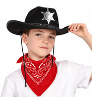 Çocuk Kovboy Şapka Rozetli Siyah ve Kırmızı Bandana Seti