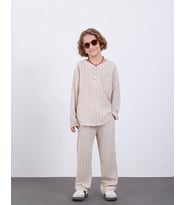 Erkek Çocuk Keten  Çizgili İkili Takım – Şık ve Rahat Günlük Kombin (Gömlek + Pantolon) 9262KR (Krem)