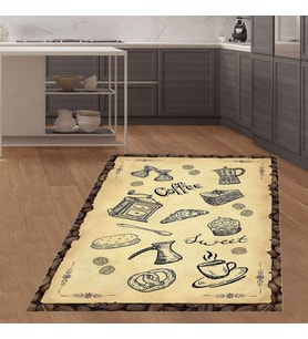 Kitchen Kahve Fincan Coffe Dijital Baskı Yıkanabilir Kaymaz Taban Leke Tutmaz Mutfak Halısı (Bej)