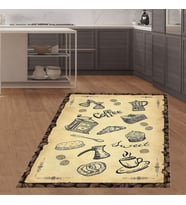 Kitchen Kahve Fincan Coffe Dijital Baskı Yıkanabilir Kaymaz Taban Leke Tutmaz Mutfak Halısı (Bej)