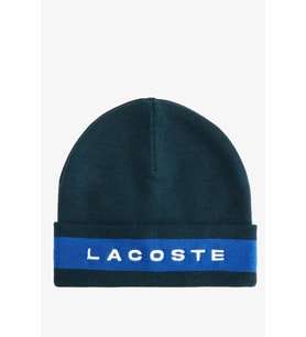 Lacoste Renk Bloklu %100 Yün Erkek Bere Koyu Yeşil Mavi Beyaz