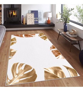 Beyaz Zemin Gold Çiçek Desenli Yıkanabilir Kaymaz Taban Leke Tutmaz Modern Salon Halısı ve Yolluk
