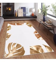 Beyaz Zemin Gold Çiçek Desenli Yıkanabilir Kaymaz Taban Leke Tutmaz Modern Salon Halısı ve Yolluk