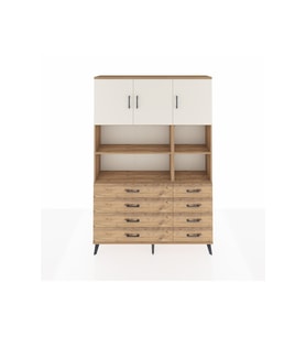 Arges Dolap 8 Raflı 8 Çekmeceli 3 Kapaklı 132x30x195 Çam-Aytaşı/Çam